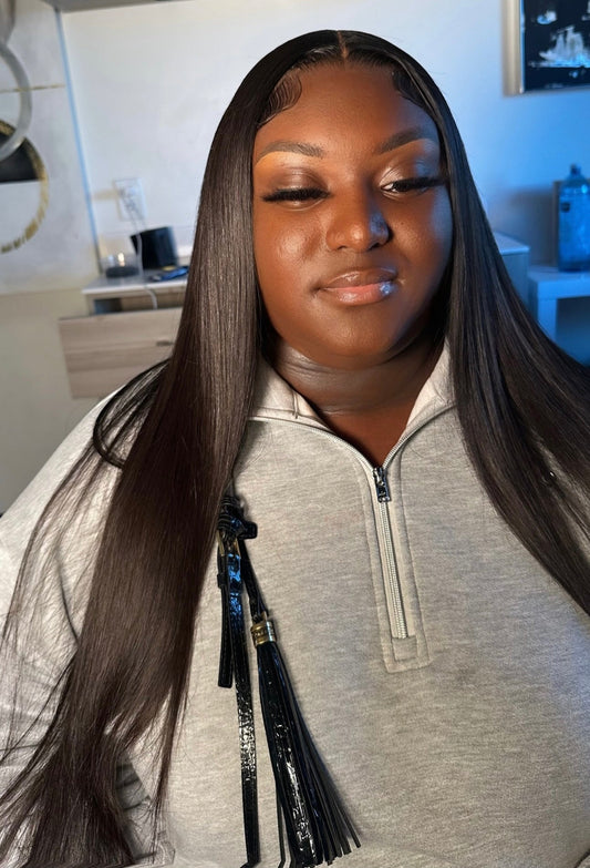 Model with 28-inch Raw Burmese Straight Wig – HD 13x6 Lace, Midnight Royal Extensions
